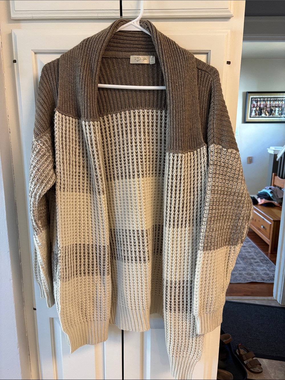 RD Style Two-Tone Open Knit Cardigan in Cream & Taupe